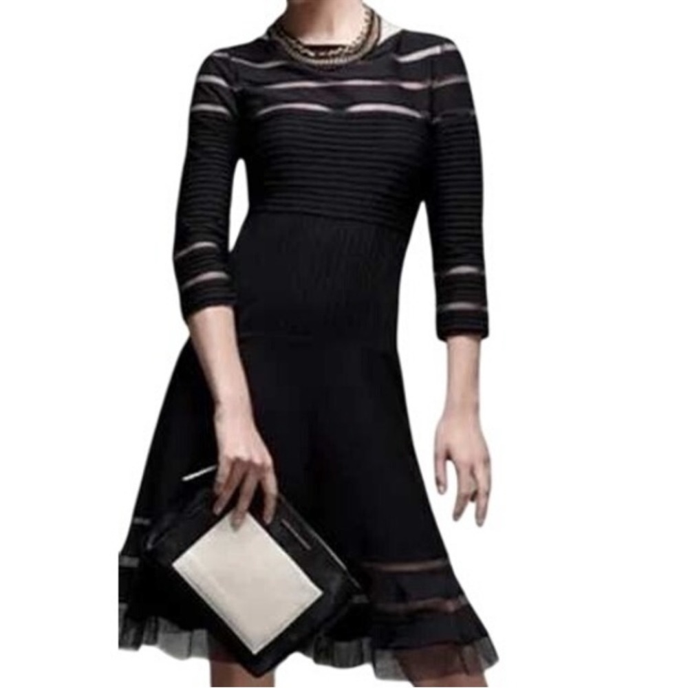Tadashi Shoji Women Black Fit & Flare Illusion Mesh Pleated Cocktail Dress M